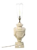 Large contemporary urn shaped cream ware crackle glaze table lamp. Raised on a square base.
