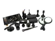 Collection of ebonized dressing table items. Including candlesticks and boxes, etc. Max.