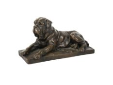Bronzed 'Bull Mastiff' dog figure raised on a rectangular plinth.