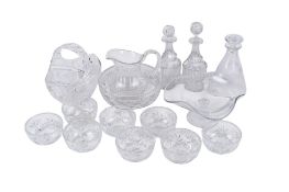 Collection of assorted table glassware. Including cut glass dishes and three decanters, etc. Max.