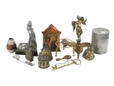 Box of assorted vintage collectable items. Including Chinese zinc tea caddy and a brass angel, etc.