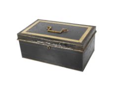 Vintage tin security strong box with brass handle to the lid.
