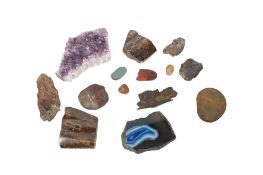 A group of assorted rock minerals and crystals, some polished.