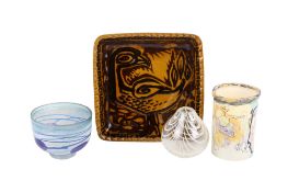 A group of four mid-century and later art glass and studio pottery items.