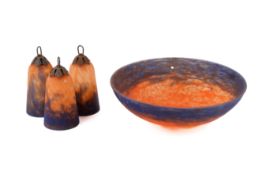 An Art Deco Muller Frères, Luneville signed mottled glass ceiling shade set.