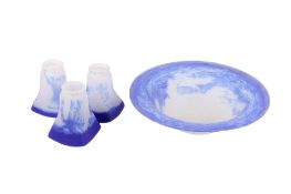 An Art Deco Muller Frères, Luneville style set of four mottled blue glass light shades.