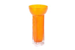 A 'Whitefriars' style textured orange glass vase. Having a bowl shaped top on a square stem.