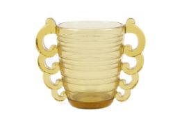 An Art Deco banded 'glue chip' amber glass twin handle vase.