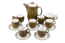 Mid-century Poole Pottery Delphis olive green tea service.