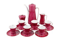 A mid-century Polish Cmielow porcelain pink coffee set. Including six cups and saucers, etc. Max.