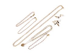 Five 9ct gold necklaces and bracelets and three pairs of earrings.
