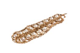 A cultured pearl set fancy panel bracelet. Overall length 170mm.