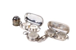 Four Victorian silver sovereign holders and a Georgian silver nutmeg grater.