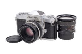 A Nikon Nikkormat FTN 35mm SLR camera outfit. Chrome. Serial number 3711374.