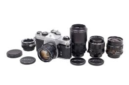 An Asahi Pentax Spotmatic 35mm SLR camera outfit. Chrome. Serial number 1356100.