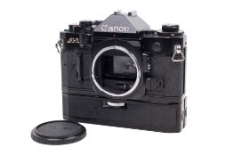 A Canon A-1 35mm SLR camera body. Black. Serial number 2291055.