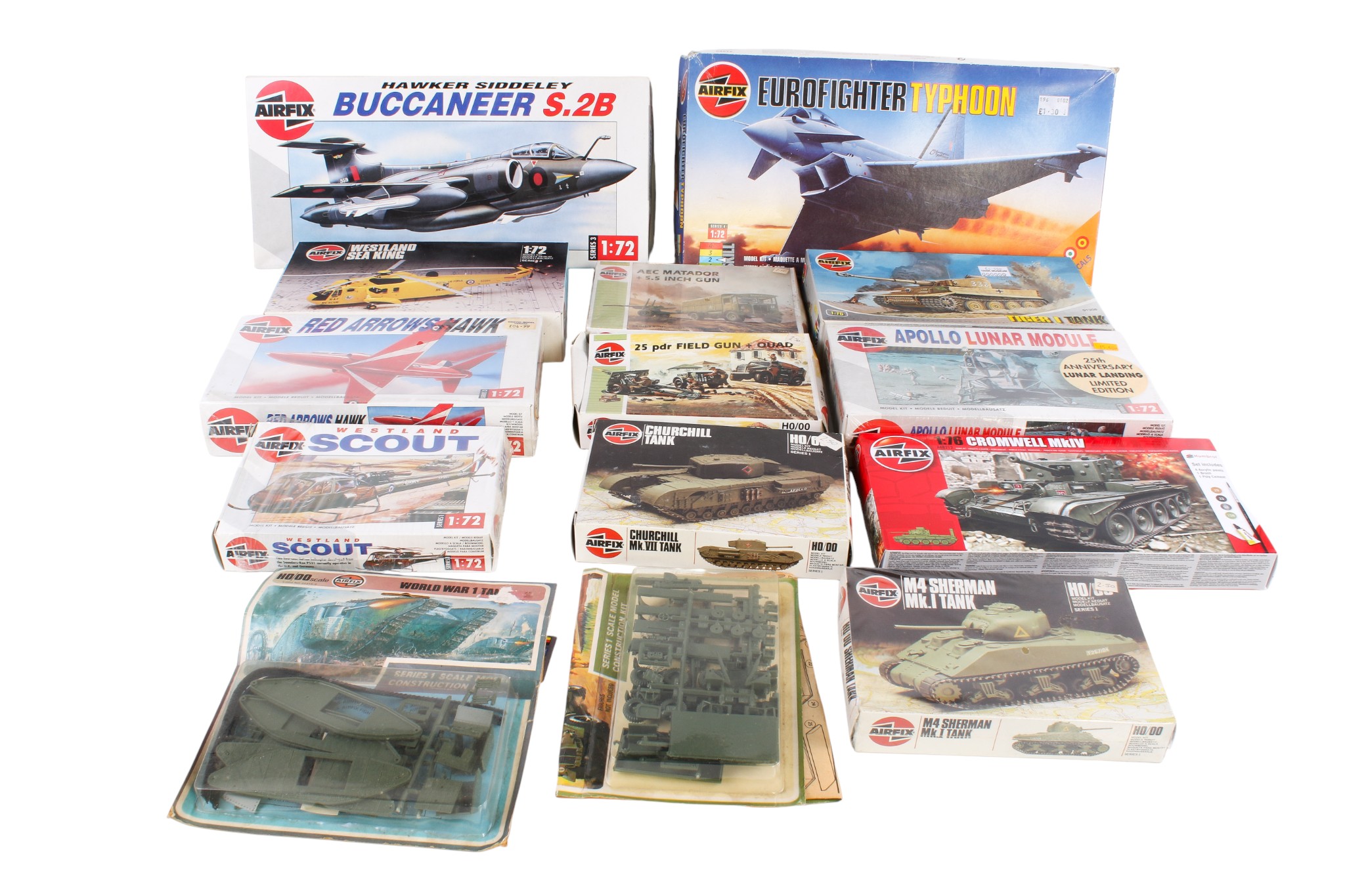 A collection of Airfix military vehicle plastic kits. Including a M4 Sherman MK.