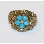 8 k Gelbgold Ring mit Reliefdekor und hellblauen Glassteinen mit kleiner Perle, Gr. 56