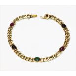 14 k Gelbgold Armband mit 5 Farbsteinen, Smaragd, Safir und Rubin ?, 19,8 gr., L 19 cm