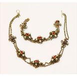 Ausgefallenes Silber/vergoldetes Halscollier, L 76 cm und Armband, L 18 cm, um 1900, mit Rubinen,