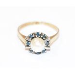 14 k Gelb- und Weißgold Ring mit Perle und 8 Safiren, Gr. 58, 4,25 gr.