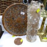 Middle Eastern style hand decorated terracotta plate, barnacle covered ceramic jug and a small