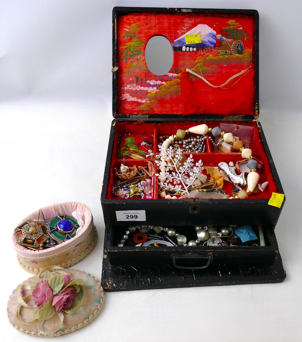 Jewellery box with costume jewellery, Celtic brooches etc