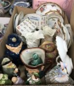 A box of assorted decorative ornamental china to include various figurines,