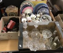 A box of assorted glassware to include a pair of onion shaped decanters, a Georgian decanter,
