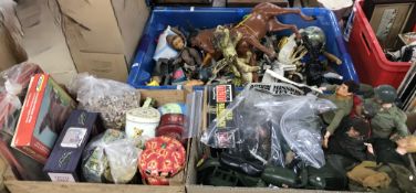 A box containing assorted Action Man toys (6 x Pallitoy / Hasbro 1964) and accessories to include