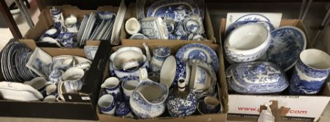 Five boxes of assorted 19th Century and later blue and white china wares to include various