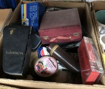 A box of assorted photographic equipment, various microscopes, etc.