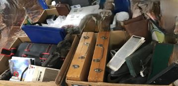 Three boxes of assorted sundry items to include vintage ice skates, snooker balls,