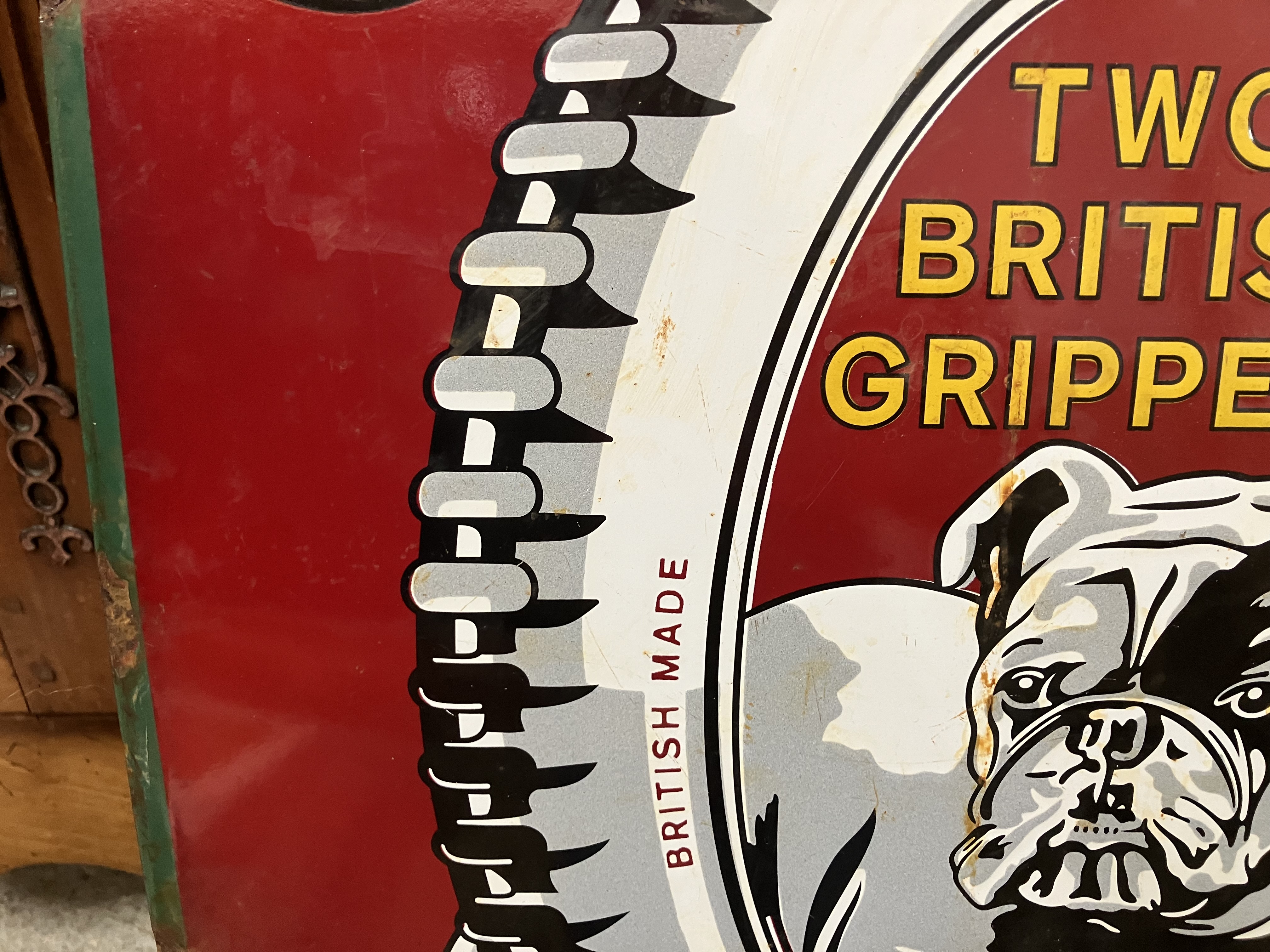 A vintage enamel sign "Stepney Tyres - two British grippers" depicting a bulldog and tyre on a red - Image 39 of 46