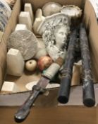 A box containing various model staddle stones, an onyx pedestal bowl, a pestle and mortar,