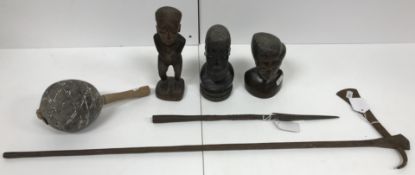 A Makonde carved wooden and metal inlaid figural bust of a bearded gentleman with earrings, 16.