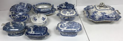 A collection of seven various 19th Century blue and white transfer decorated sauce tureens and