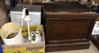 A 19th Century mahogany box commode together with a box containing assorted table lamps and shades