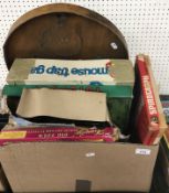 A collection of various vintage toys and games including a Triang model mangle, Codeg cash register,