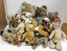 A box of assorted mohair and other vintage and newer teddy bears and cuddly toys to include one