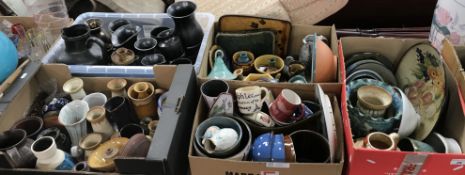 Five boxes of assorted studio and other pottery to include a collection of Prinknash pottery,