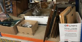 Various boxes of glassware and metal ware together with assorted pictures,