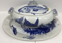 A Victorian Worcester blue and white transfer decorated oval platter decorated with fish amongst