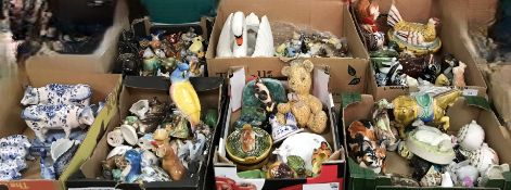 Seven boxes containing various figurines, animal ornaments etc to include Beswick cockatoo 1180,