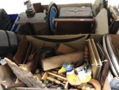 Two boxes of assorted treen and other wooden items to include a mahogany book trough,