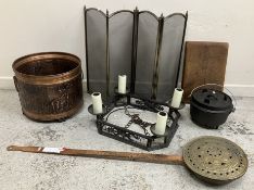 A copper and pierced brass warming pan w