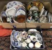 Three boxes of assorted decorative china wares to include 19th Century and later decorative plates,