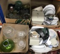 Two boxes of various white kitchen china etc and two boxes of assorted glassware to include vases,