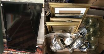 A box containing assorted sundry items to include a three piece plated tea set, plated serving dish,