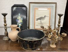 A box of assorted decorative items to include a tole ware type planter,